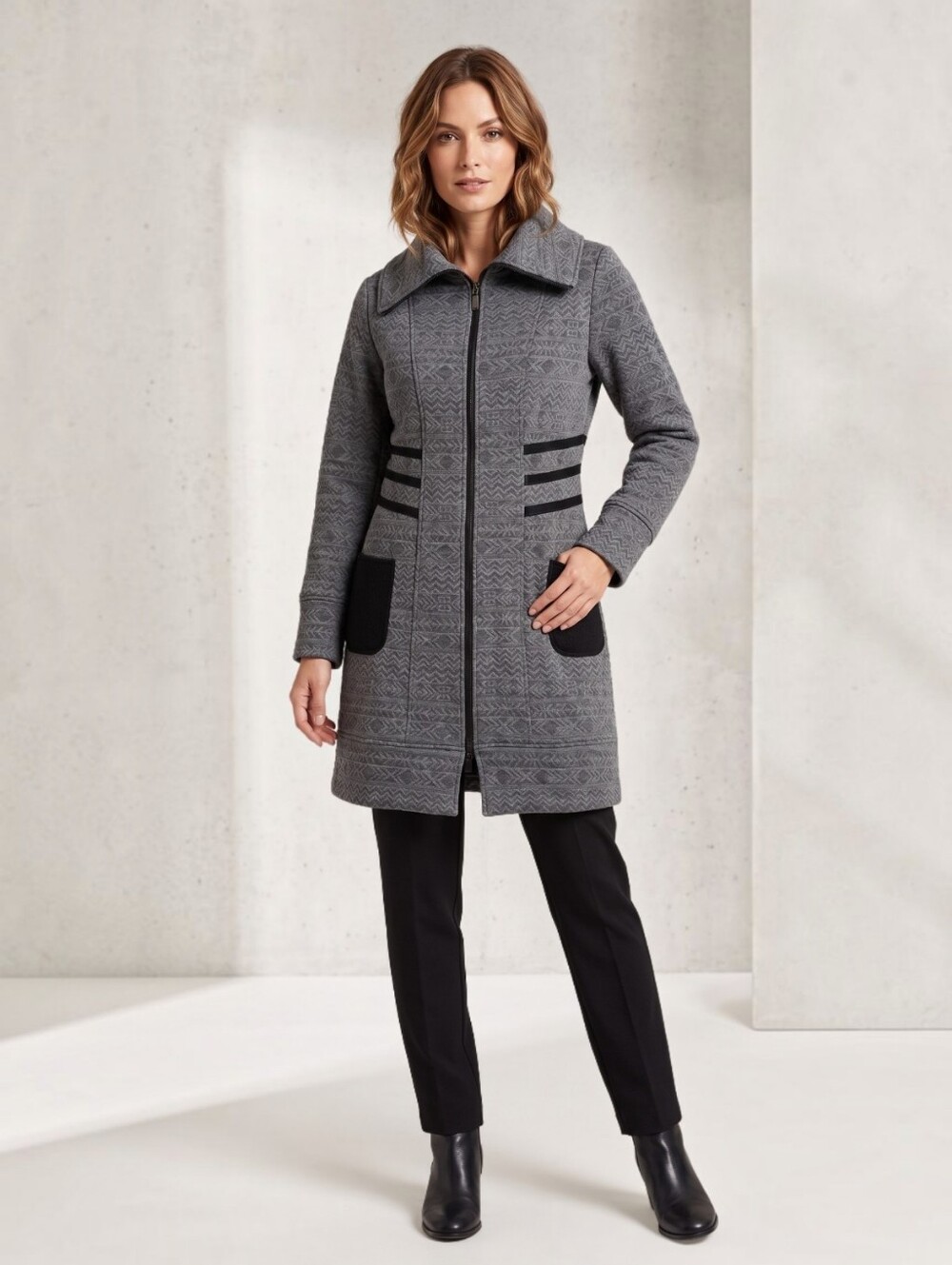 NWT Alison Sheri Women's Fitted Jacket Coat Grey Black Trim Front Zip M